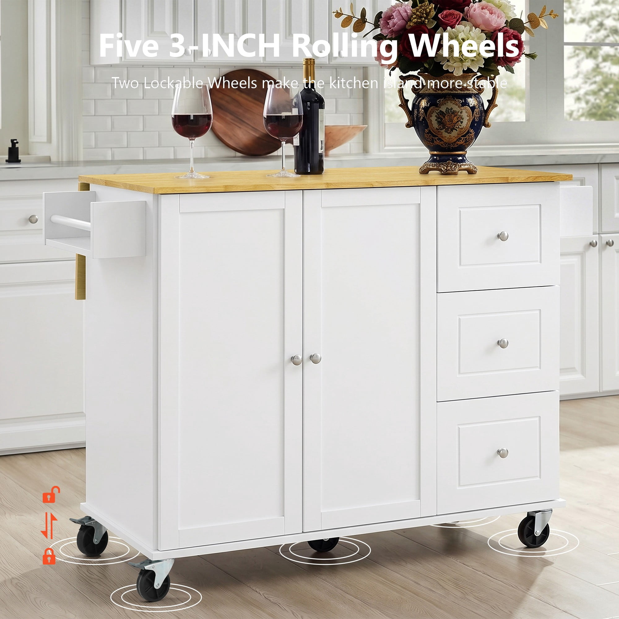 Rolling Kitchen Island Cart with Drop-Leaf, 3 Drawers, Cabinet, Spice Rack, Towel Rack, 5 Casters, 250 lbs Capacity, Mobile Storage for Kitchen Dining