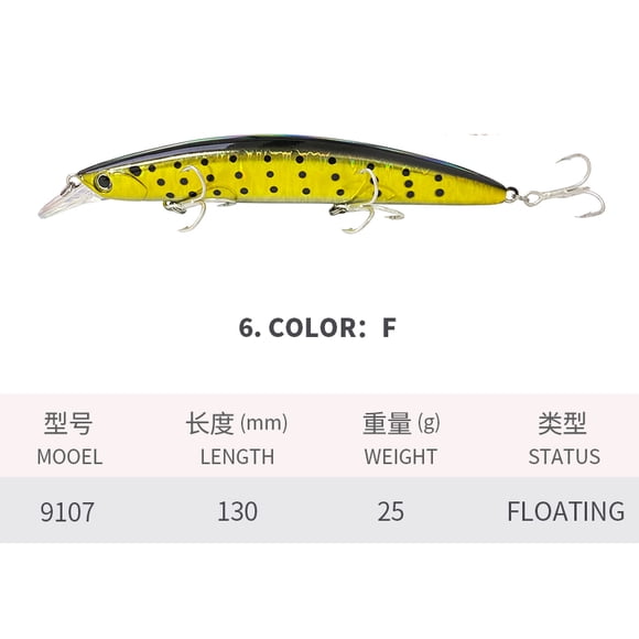 1PCS Minnow 130mm 25g Gros Minnow Flottant Pesca Choco Appât de Pêche pour Bar en Eau Salée Pesca Isca Matériel de Pêche en Plastique 9107 F