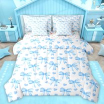 Homewish Watercolor Bowknot Child Twin Bedding Sets 7-Piece, Kawaii Blue Love Heart Bedding Comforter Set, Cute Princess Style Reversible Sheet Sets, Luxury Bedroom Decor