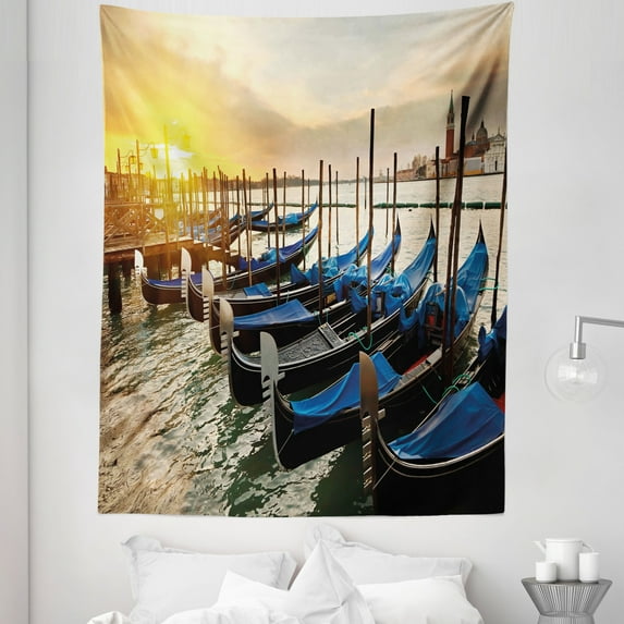 Venice Tapestry, Line of Traditional Gondolas on the Water Calm Peaceful Seascape with Rising Sun, Fabric Wall Hanging Decor for Bedroom Living Room Dorm, 5 Sizes, Blue Yellow, by Ambesonne