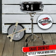 Griffin Snare Drum Kit + Snare Stand, 2 Pairs Maple Wood Drum Sticks & Drum Key