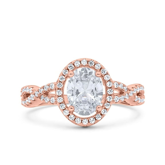 Rose Tone, Simulated Cubic Zirconia Size-5 Halo Infinity Shank Ring Oval 925 Sterling Silver