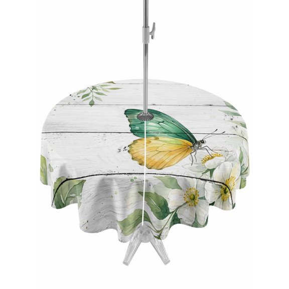 Outdoor Tablecloth with Umbrella Hole for Patio/Picnic/Party/Camping, Spring Botanical Waterproof Table Cloth Round Cover Washable, Watercolor Floral Butterfly Country Wood Gray (Dia 60")