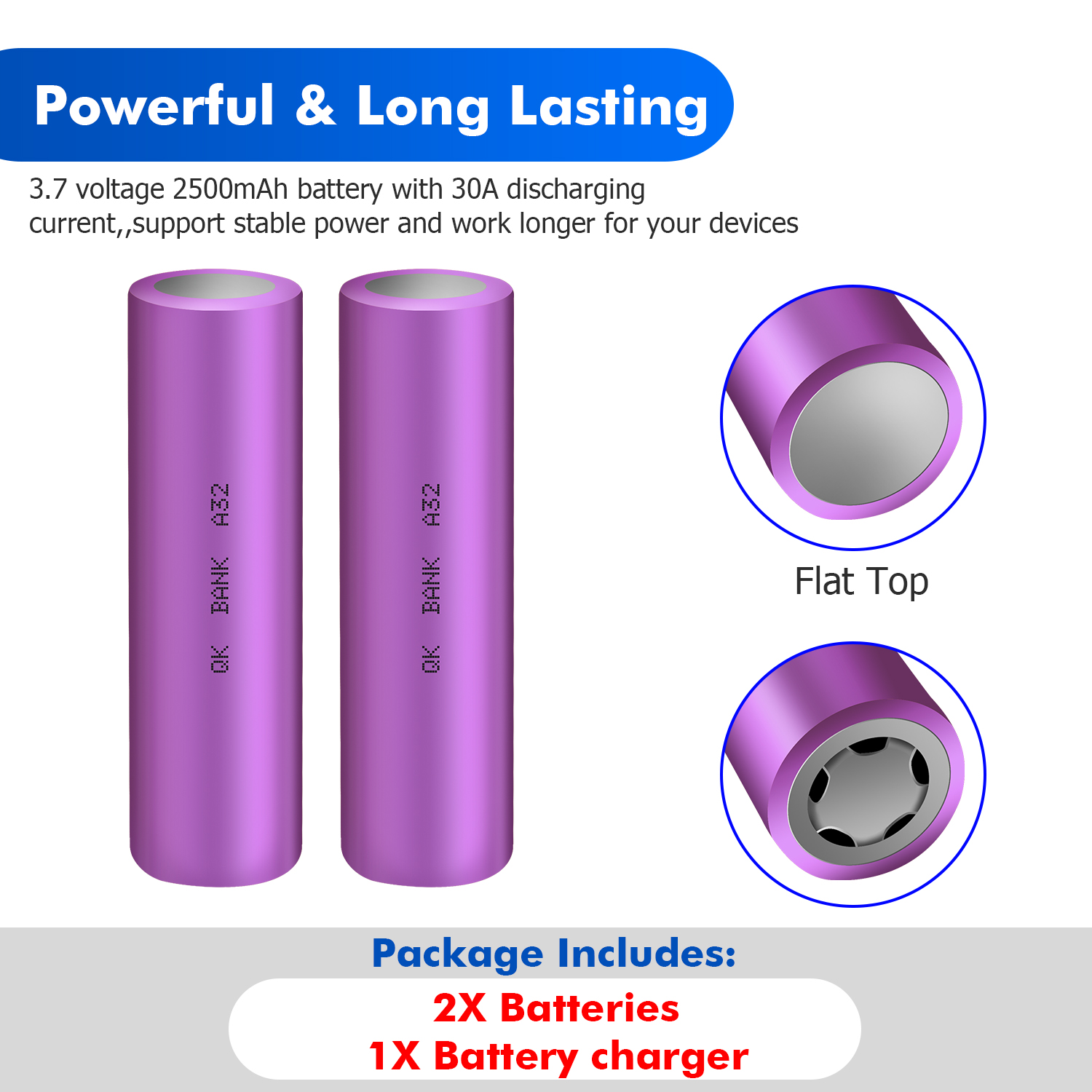 Rechargeable Battery Flat Top And Charger,3.7V 2500mAh 30A Rechargeable Lithium Batteries For Flashlight Powered