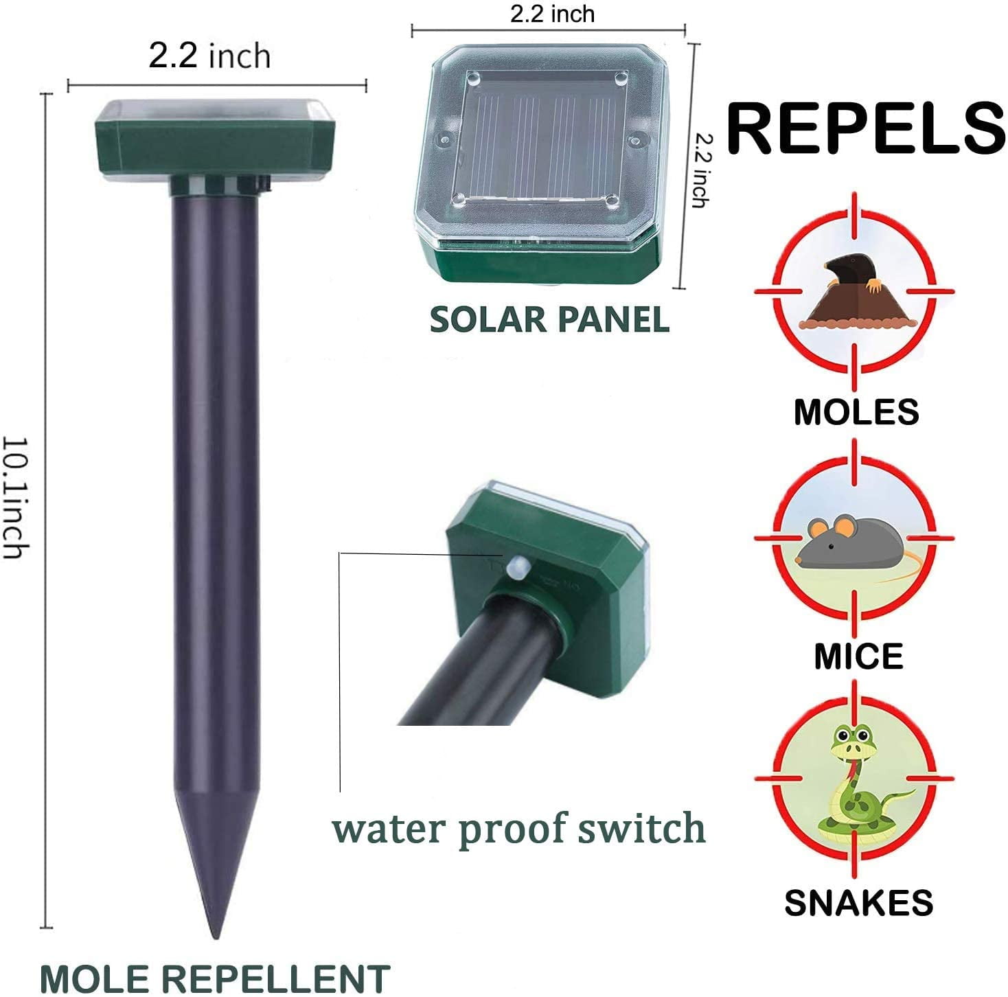 Pet Safe Pack of 4 Sonic Mole Repellent Solar Powered for Lawn Garden Yard, IP65 Waterproof Outdoor Ultrasonic Snake Repellent for Get Rid of Mole, Gopher, Snakes, Vole and Other Underground Pests