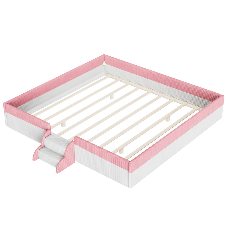 King Size Corduroy Upholstered Floor Bed Frame with Fence, Kids Low-Profile Platform Bed with 2-Tier Steps & Smart LED Lights