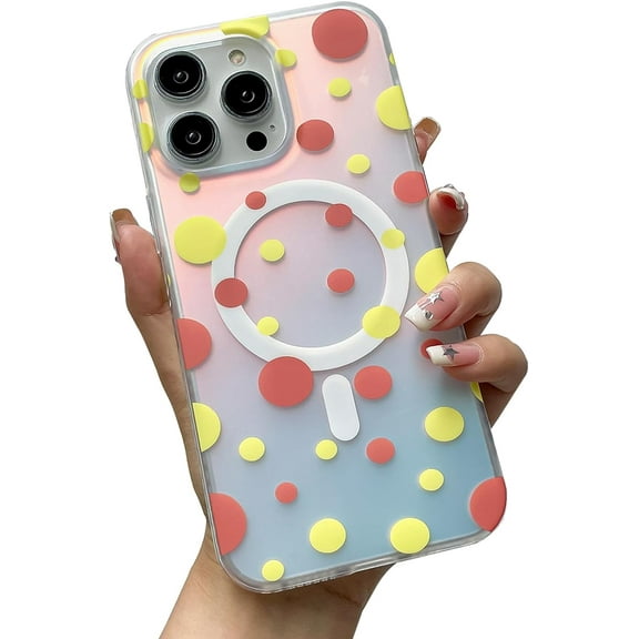 Compatible with iPhone 15 Pro Max Cute Case Wave Dot Pattern Magnetic Laser Holography Bling Frosting Funny Fashion Protection Shockproof Cover for Women Girls Yellow