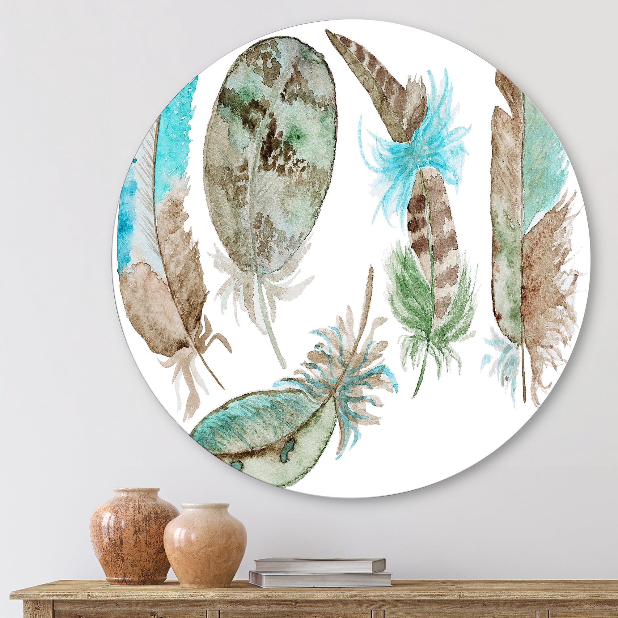 Designart 'Green Feathers Set On White' Bohemian & Eclectic Circle Metal Wall Art 23x23 - Disc of 23