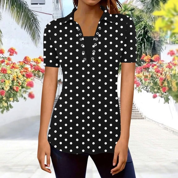 Mifsaly Womens Collared V Neck Short Sleeve Tops Summer Casual Polka Dot Print Shirts Slim Fit Work Office Blouse 2026 L