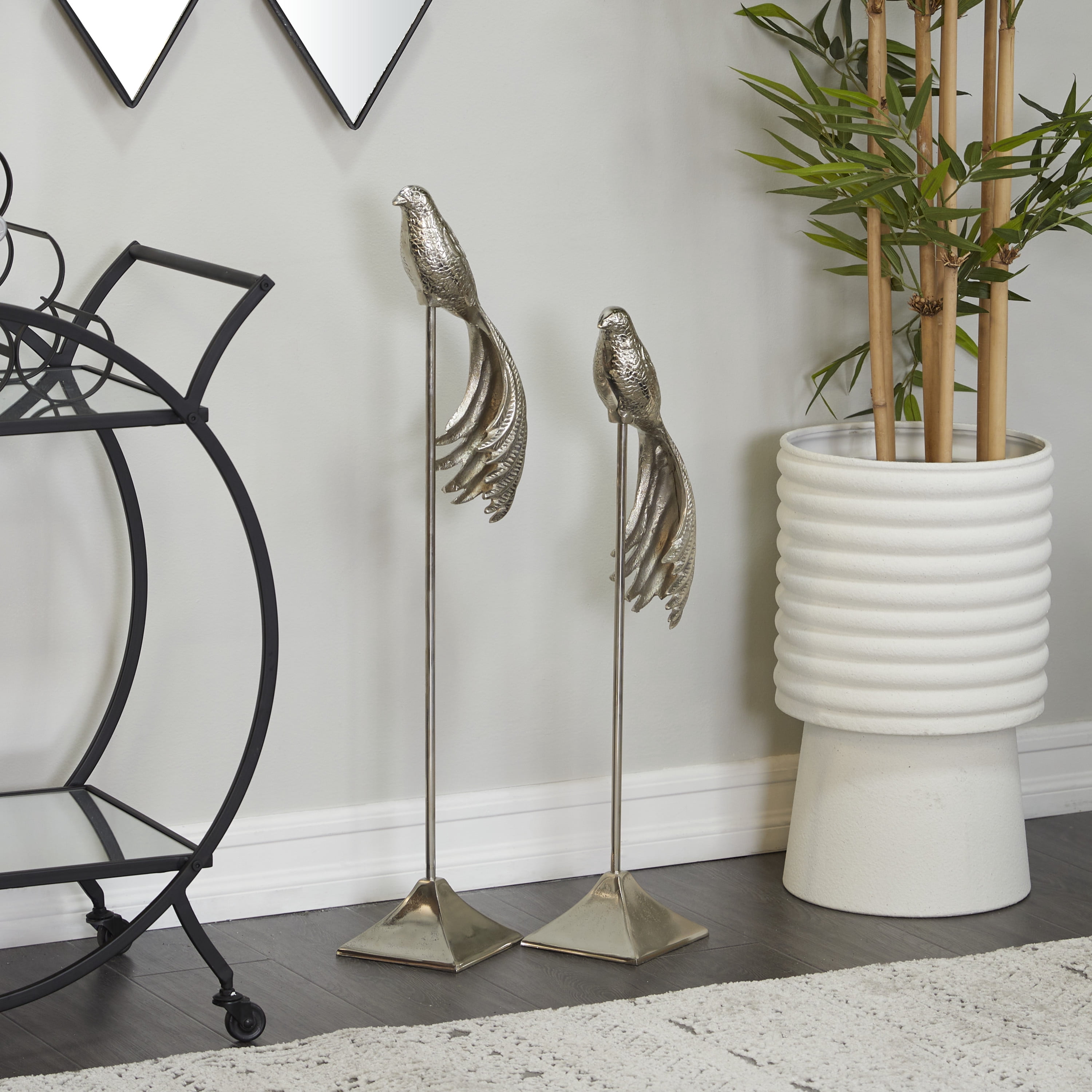 32", 27"H Silver Aluminum Bird Sculpture, by DecMode (2 Count)