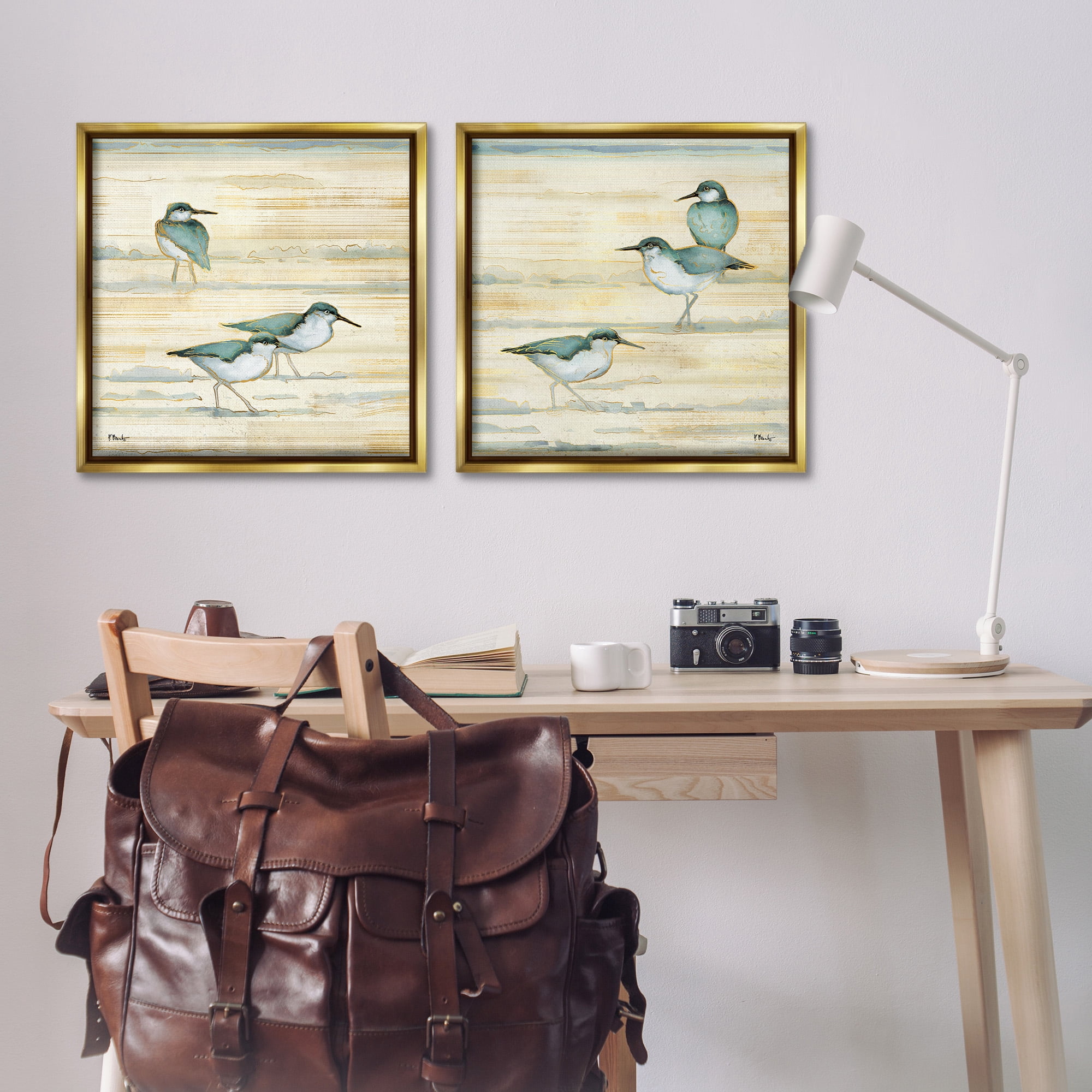 Stupell Industries Sandpipers Abstract Water Shoreline Animals & Insects Painting Gold Floater Framed Canvas Art Print Wall Art, 25 x 25, Set of 2