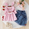 thumbnail image 2 of yocbz Girls Summer Clothes Girls' Summer Baby Dress With Strawberry Embroidery Checkered Pattern Frilly Hem Denim Shorts Small Children's Set Cute Pink,18-24 Months, 2 of 6