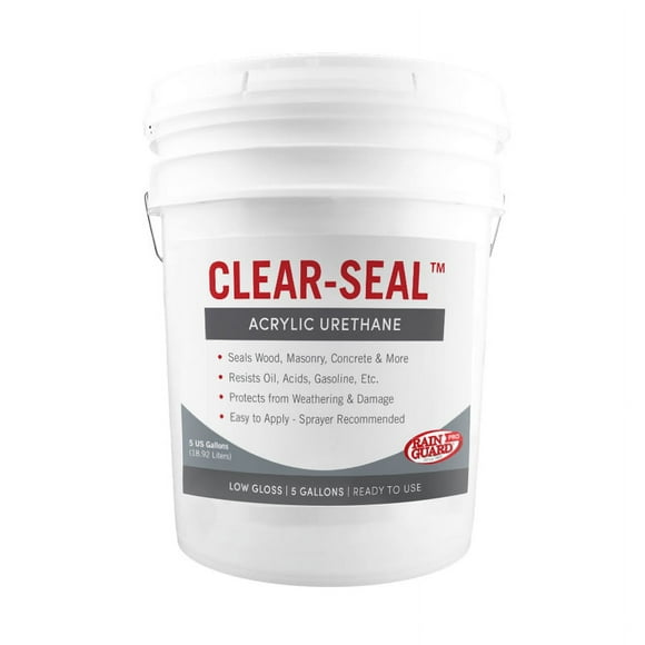 Rain Guard Water Sealers CU- 0205 Water Sealers CU-0205 Clear-Seal Hybrid Acrylic and Urethane Low Gloss Coating READY TO USE covering up to 1500 Sq. Ft on New and Older Surfaces. 5 Gallon