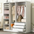 thumbnail image 2 of Open Style Storage Wardrobe, Wooden Wardrobe Cabinet with 5 Storage Shelves, 2 Hanging Rod and 3 Drawers, Free Standing Doorless Storage Cabinet Closet for Bedroom, White, 2 of 9