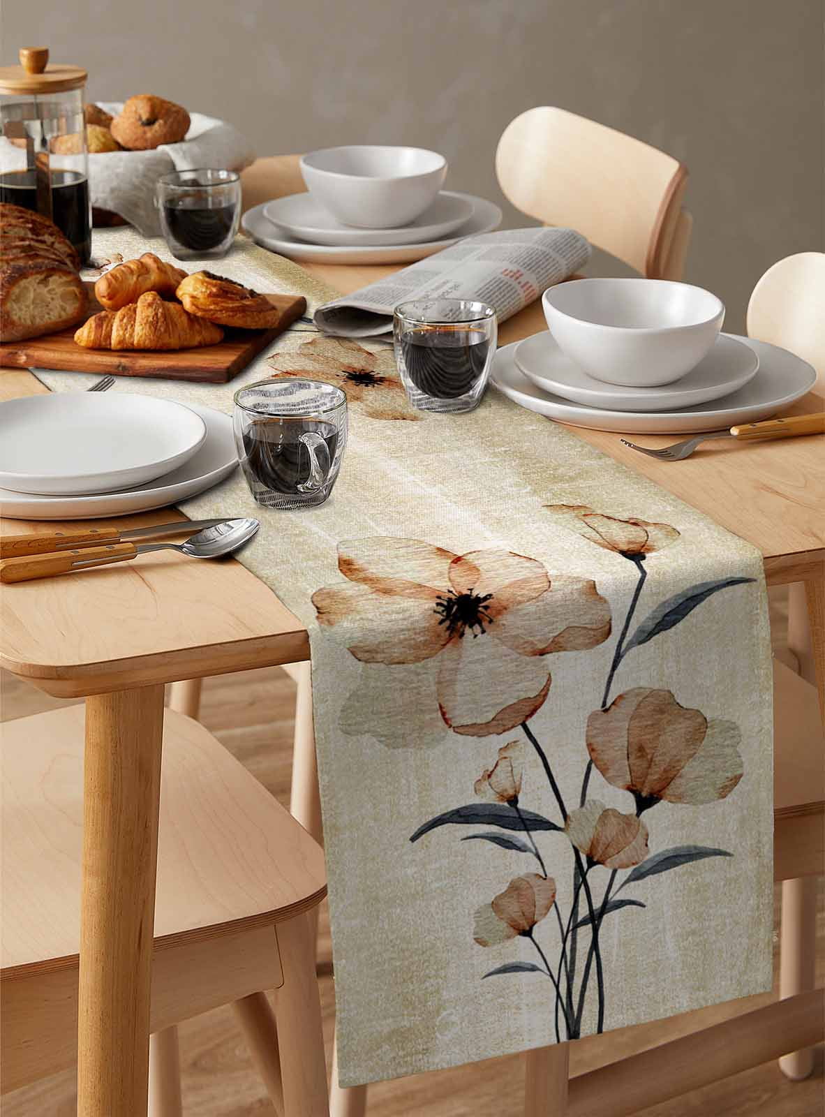 Table Runner Dresser Scarf 14 x 72 Inch Abstract Gradient Brown Flowers Floral Table Runners Non-Slip Heat Kitchen Dining Table Decor for Indoor Outdoor Home Party Decoration