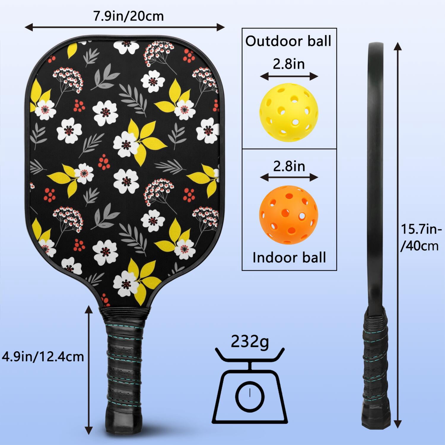 Pickleball Paddles Set,Pioneer Flower Floral Print Pattern Fiberglass Surface Pickleball Racket Set with 2 Indoor Outdoor Pickleball Balls and Pickleball Bag,Pickle-ball Equipment