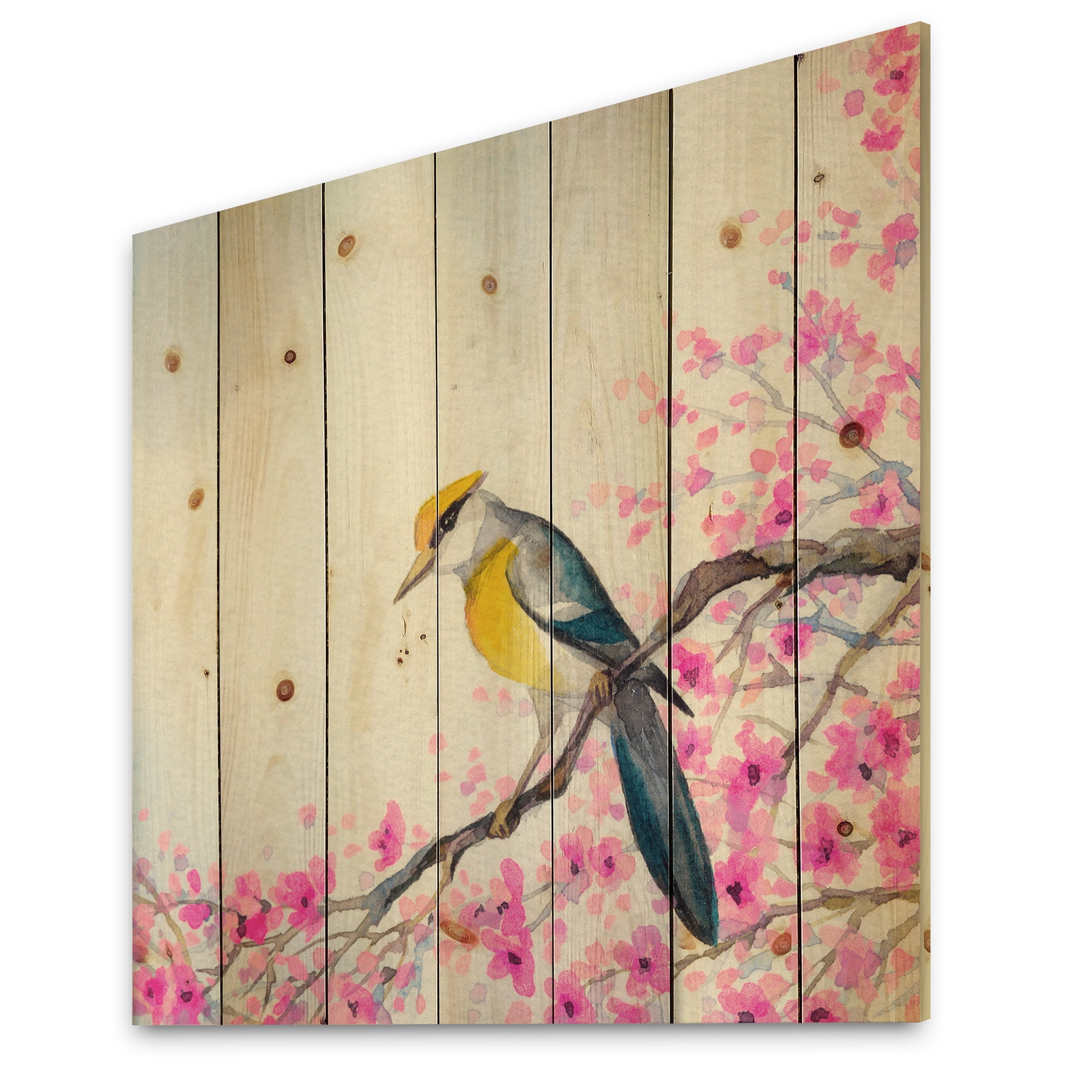 Designart 'Beautiful Bird Sitting On Flowering Branch' Traditional Print on Natural Pine Wood