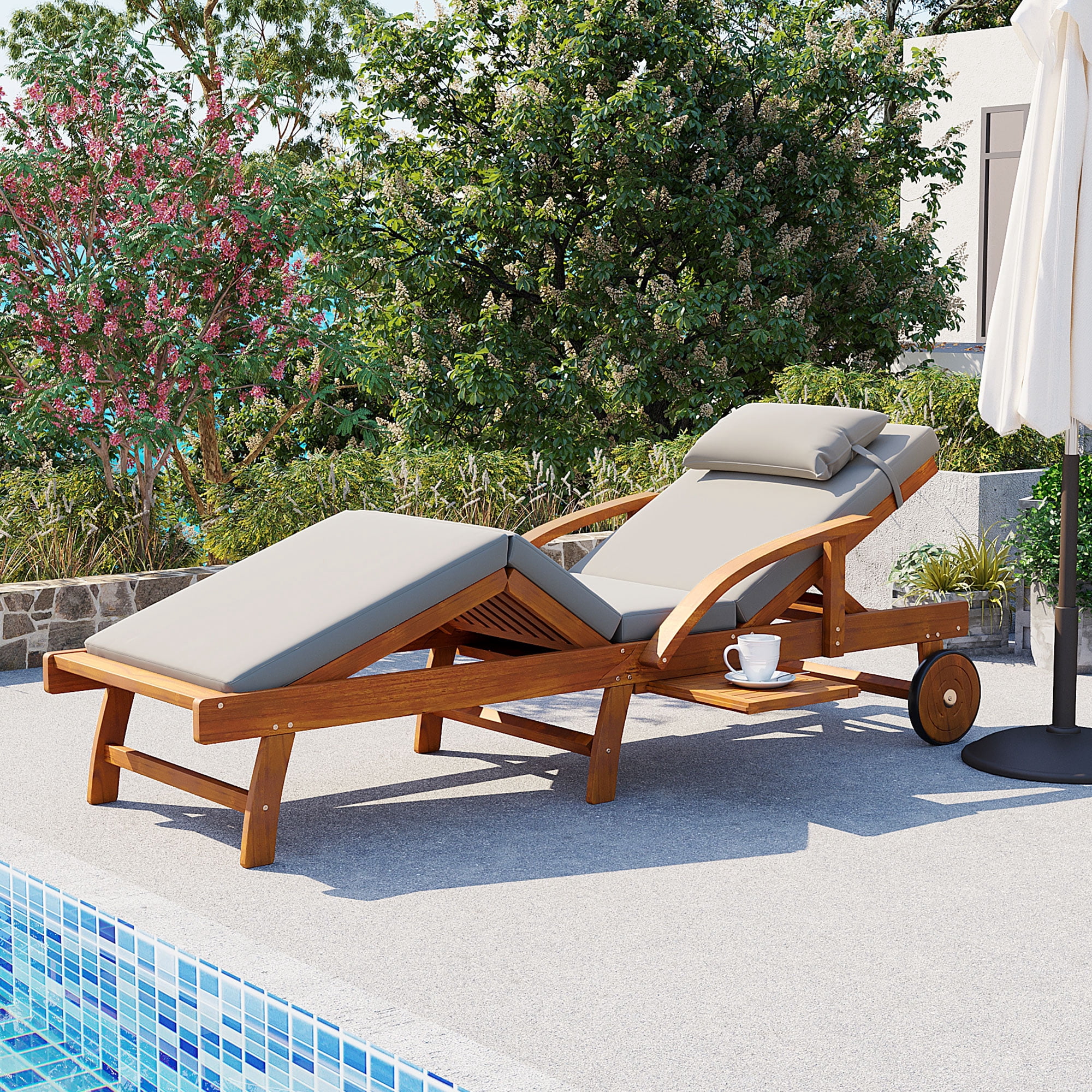 77.5" Acacia Wood Outdoor Patio Chaise Lounge Chairs with Adjustable Backrest and Side Tray