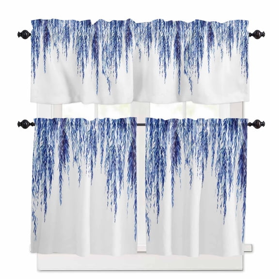 Blue Willows Kitchen Curtains Valances and Tiers Set of 3 Watercolor Spring Falling Blue Willows Leaf Plant Tier Curtains and Valance for Kitchen Bathroom Small Windows 27.5"W x 36"L (Pack of 3)