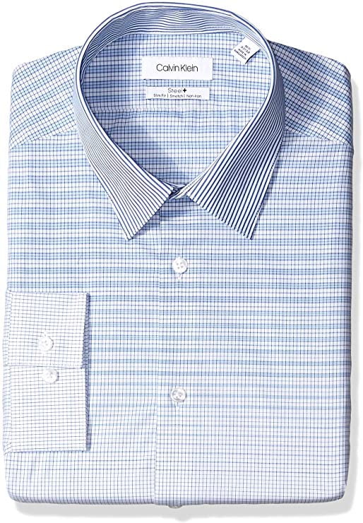 Calvin Klein Men's Dress Shirt Non Iron Stretch Slim Fit Check, Navy,   36-37 