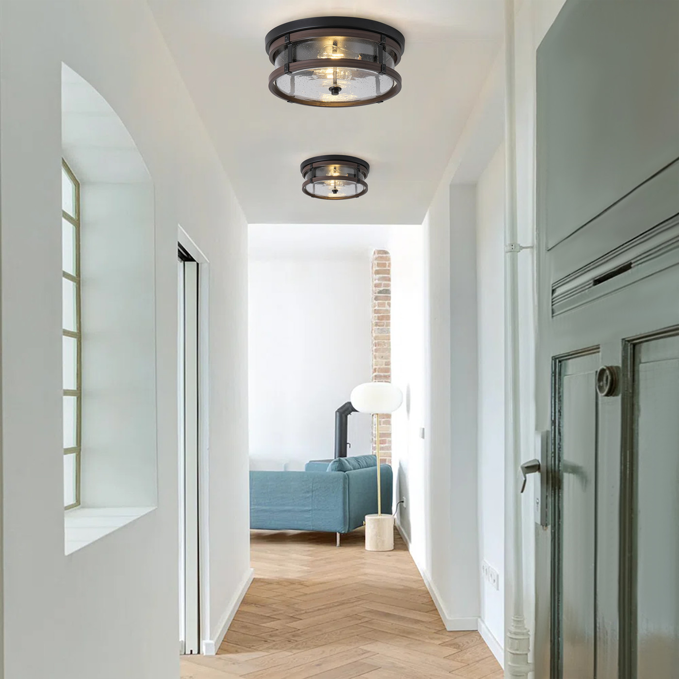 2-Light Oil-rubbed Bronze Industrial Semi Flush Mount Ceiling Light, Modern Farmhouse Close to Ceiling Light Fixture for Kitchen Hallway Bedroom Corridors