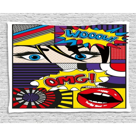 Art Tapestry Comic Book Inspired Style Wooow Omg Eyes Reading Panels Lines Excitement Action Print Wall Hanging For Bedroom Living Room Dorm Decor