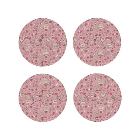 

Fuzoiu Cute Love Print Leather Coasters Set Drink Coasters Set of 4 for Tabletop Protection Durable PVC Coasters Home Décor and Housewarming Gift-Round Shape