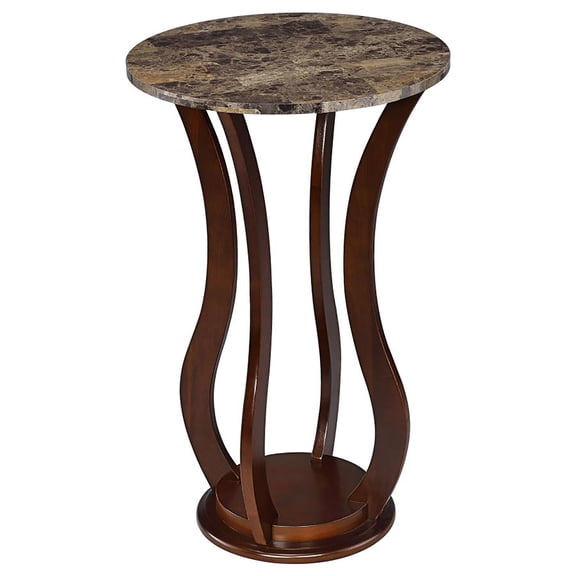 Brown Round Accent Table with Faux Marble Top for Living Room, 28.5H Wooden Pedestal Side Table for Small Spaces