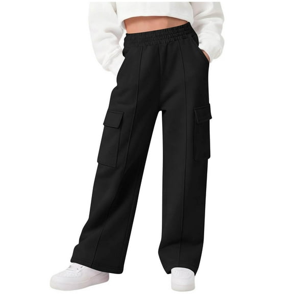 Cethrio Girls Cargo Sweatpants Size 10-12, Casual Multi-pocket Open Bottom Elastic Waist Straight Leg Pants Black