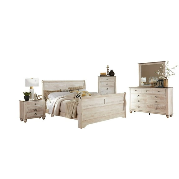 Roundhill Furniture White Wash Finish Bedroom Set: King Bed, Dresser, Mirror, Nightstand, Chest