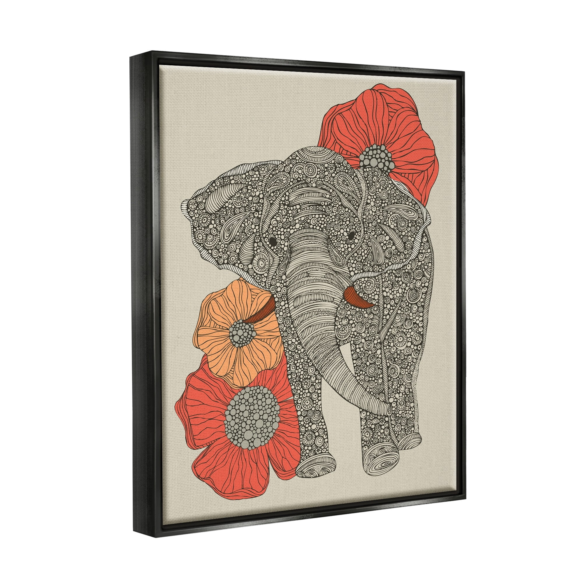 Stupell Industries Standing Elephant Bright Poppies Floral Paisley Fractals Graphic Art Jet Black Floating Framed Canvas Print Wall Art, Design by Valentina Harper