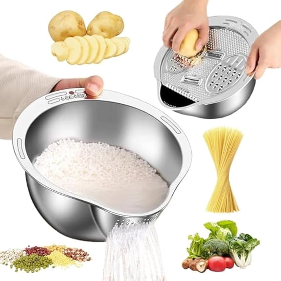 Rice Washing Strainer Bowl with Grater Lid, Stainless Steel Multi-function Slicer Cuts for Varied Size Grate & Slicing, Food-Safe Rice Colander Strainer for Vegetables, Fruit, Pasta