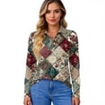thumbnail image 4 of CCRFTGI Long Sleeve Polo Shirts for Women Casual Polo Shirts Basic Lapel V Neck Collared Shirts Fall Fashion Geometric Print Lightweight Button Down Tees Wine XL, 4 of 4