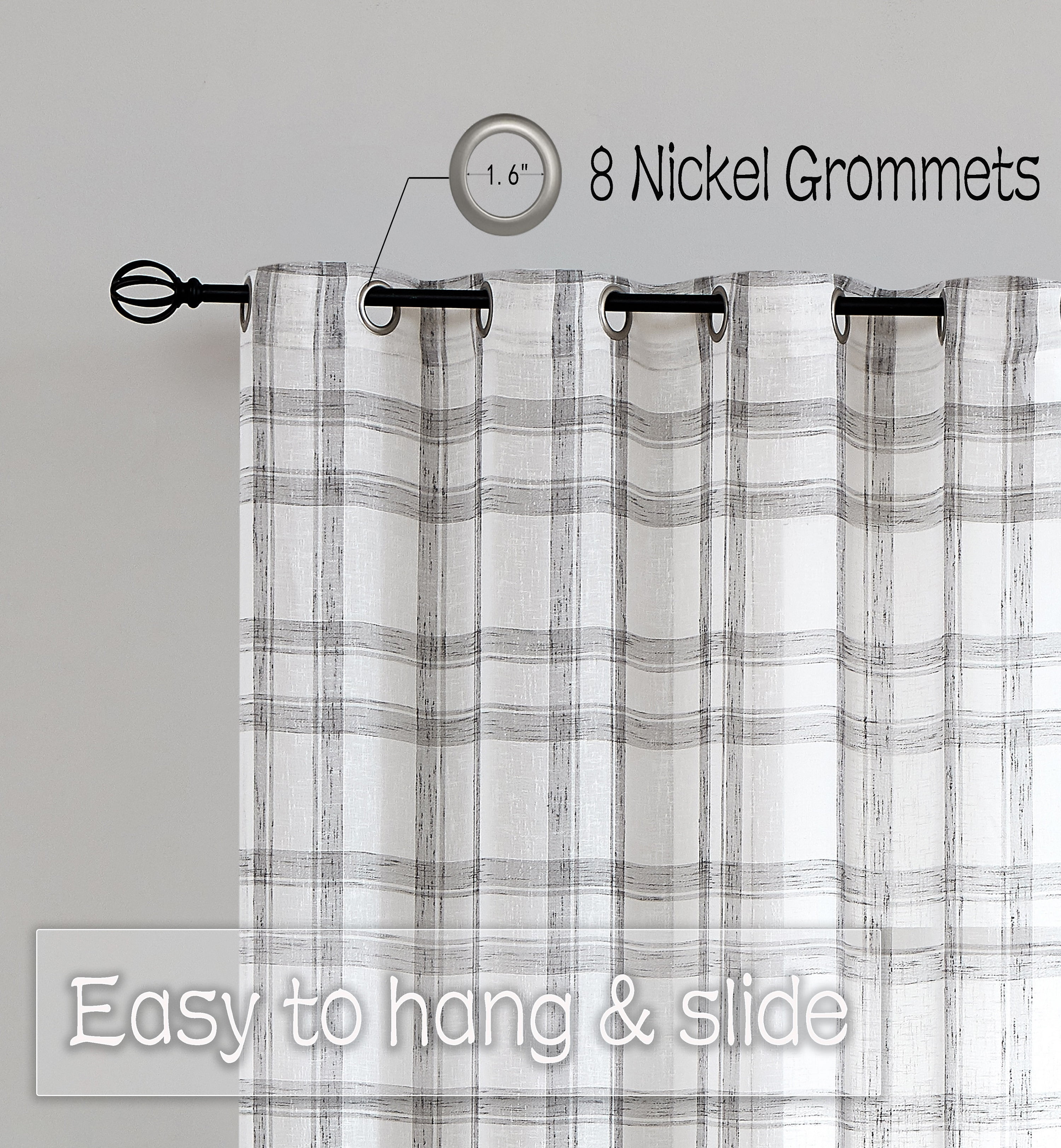 AZZCIA White Gray Plaid Linen Blend Semi Sheer Grommet Curtain Panels, 2 Panels, 54"W x 95"L