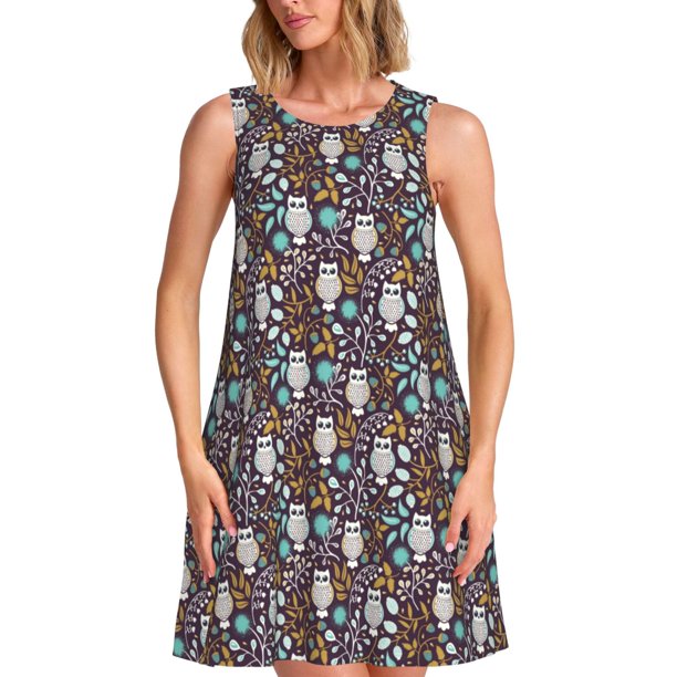 Easygdp Forest Cute Owl para Vestido Transpirable de Mujer, Vestido Suelto de Manga Corta con Pliegues y Bolsillos para el Verano