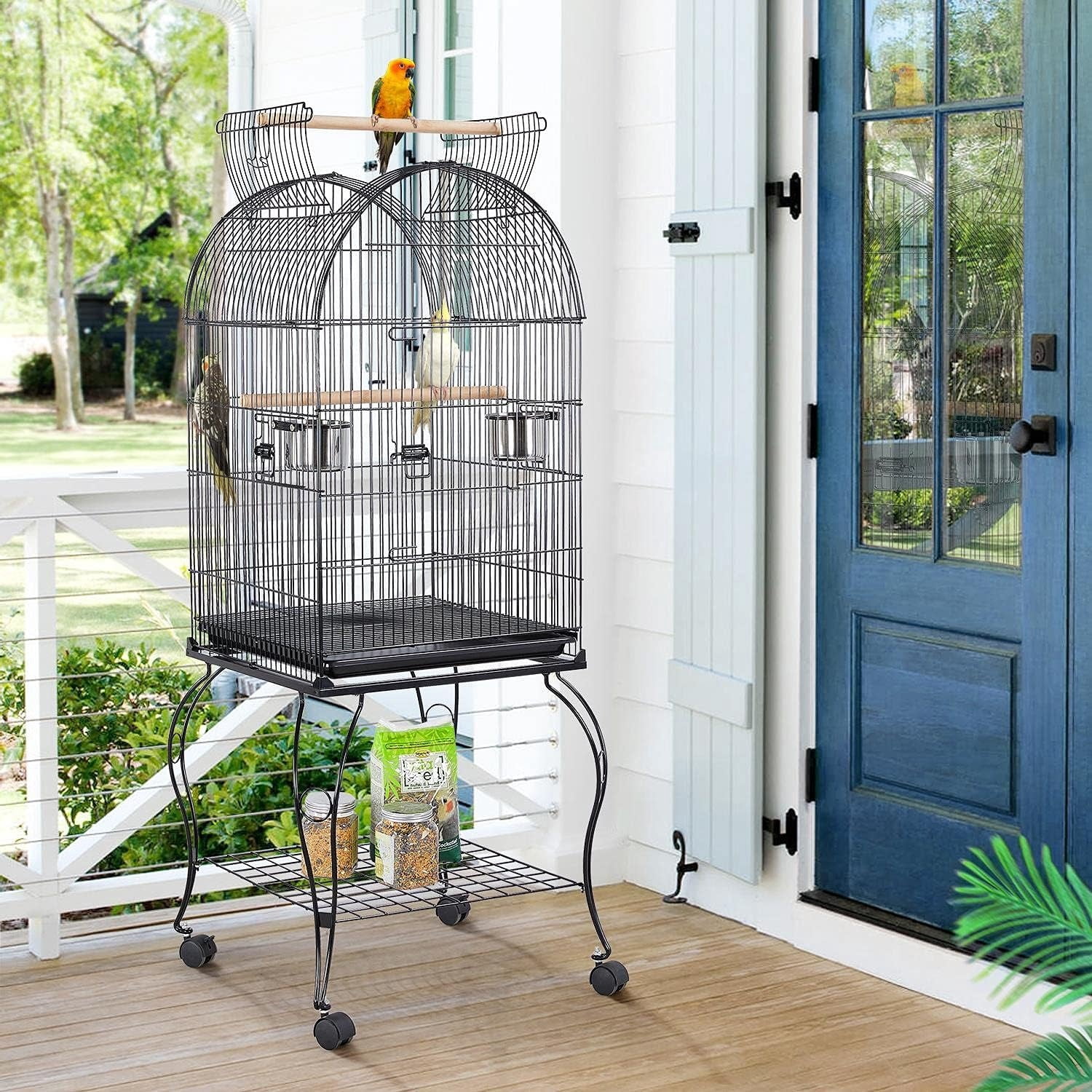 59-Inch Rolling Standing Medium Dome Open Top Bird Cage for Parrots Cockatiels Sun Conures Parakeets Lovebirds Budgies Finches Canary Pet Bird Cage with Removable Stand