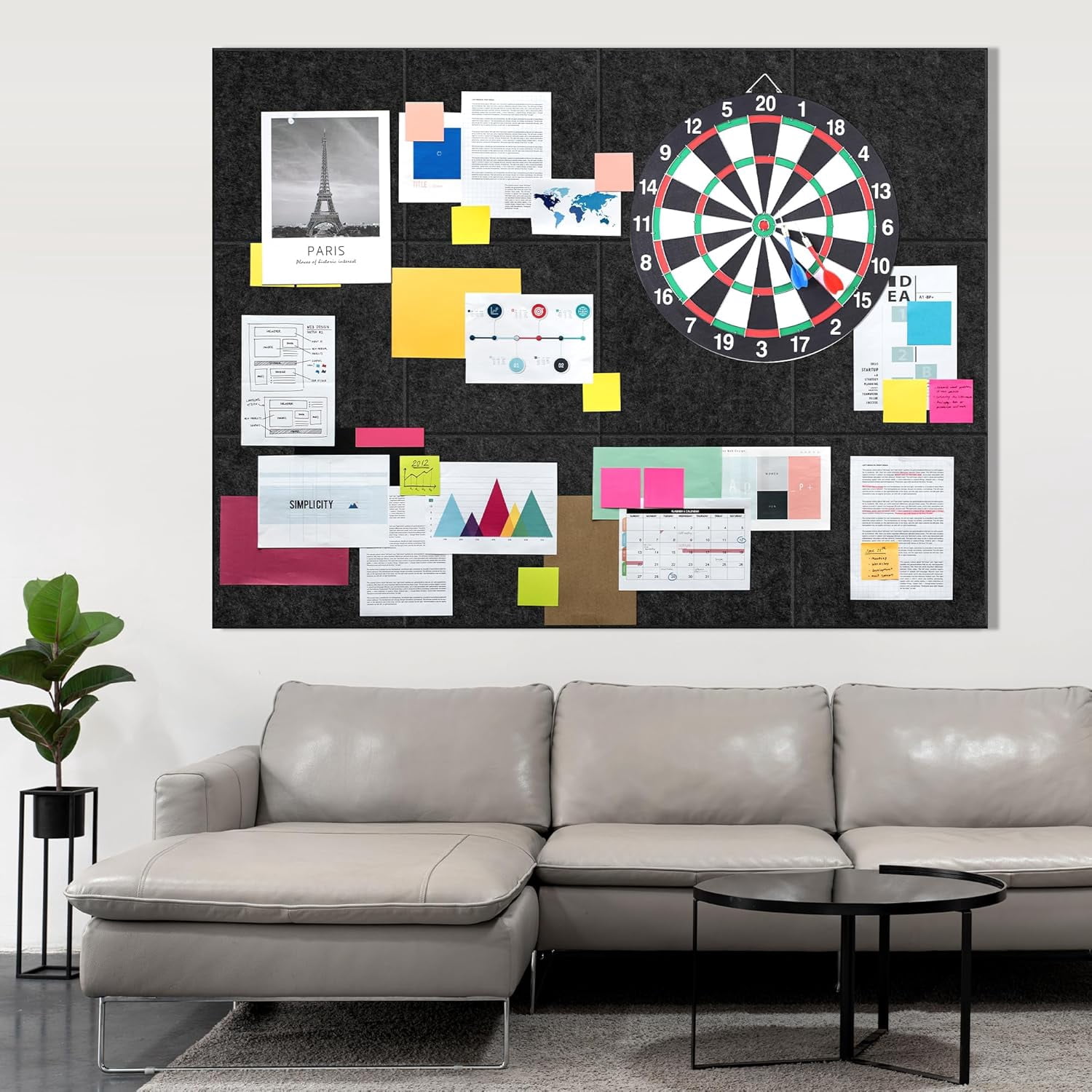 Cork Board for Wall, 48" x 36" Bulletin Board with Pushpins, 12 Panels Felt Tiles Tack Push Pin Board for Office, Black