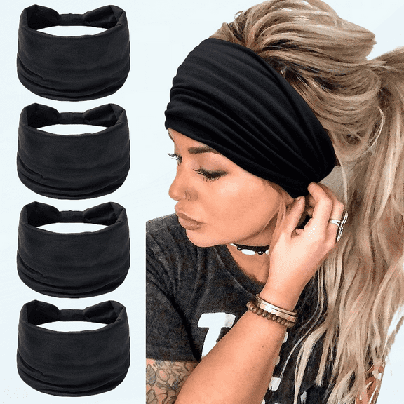 Wide Headbands for Women Black Stylish Head Wraps Boho Thick Hairbands Large African Sport Yoga Turban Headband Hair Accessories (Pack of 4)