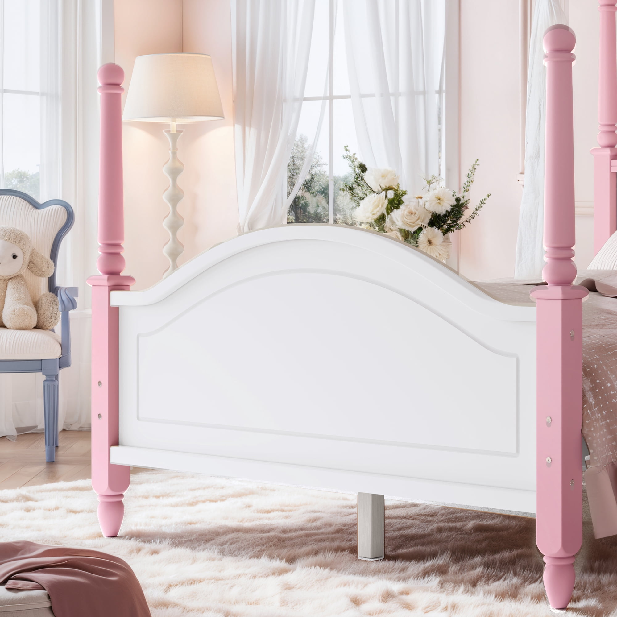 GARITIN Full Size Crown Shaped Platform Bed, Four Poster Wooden Bed Frame, Elegant Curved Headboard Bed Frame for Bedroom Guest Room, White&Pink