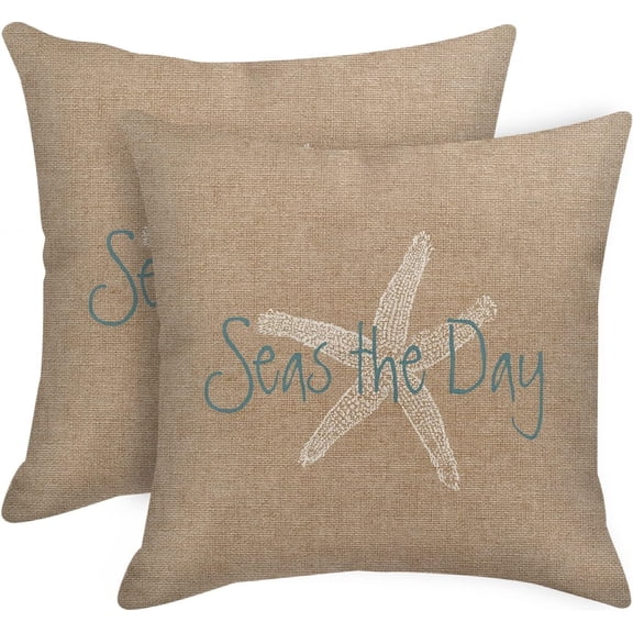 Set of 2 Linen Throw Pillow Cover Seas Day Vintage Beach Starfish Canvas Look Coastal Decorative Pillow Case Whimsical Home Decor Rectangle Queen Size 18x18 Inch Cushion Pillowcase