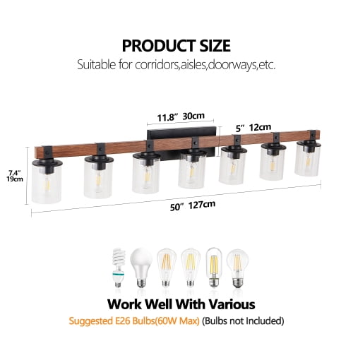 ACE-LIGHTS,7-Lights Farmhouse Rustic Bathroom Light Fixture with Glass Lampshade(Bulbs Not Included),Vanity Lights Fixture for Bathroom,Dressing Room,Bedroom,Living Room(Black)