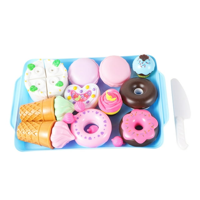 FELTECHELECTR Juego de 17 piezas de simulación de pastel, donas, galletas y helado, cubiertos de plástico para postres, juguetes interactivos para niños (azul)