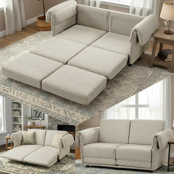 Ainfox 3-in-1 Convertible Loveseat Sleeper Sofa Bed, 65 Inch Space-Saving Pull Out Couch for Small Living Room, Bedroom, Apartment (Beige)
