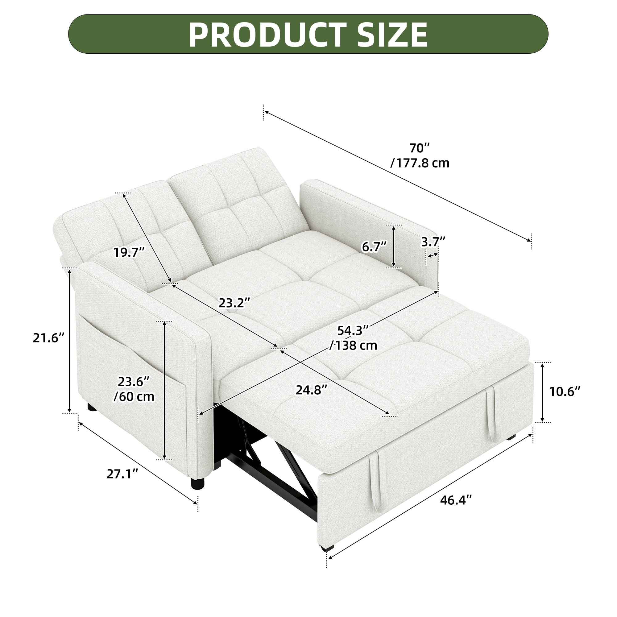 Uforic 55" Modern Convertible Sofa Bed with Pull Out Bed, Upholstered Loveseat Sofa Couch with Adjustable Backrest, White