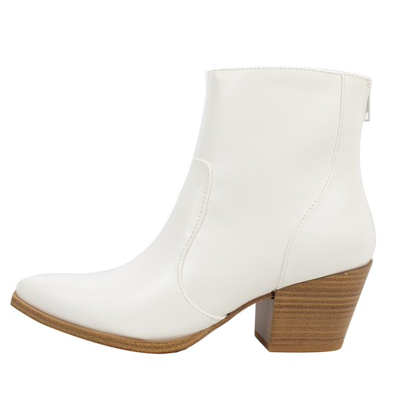Soda Women's Pointy Toe Cowboy Mid Calf Stacked Heel Booties, White , 8.5 M US
