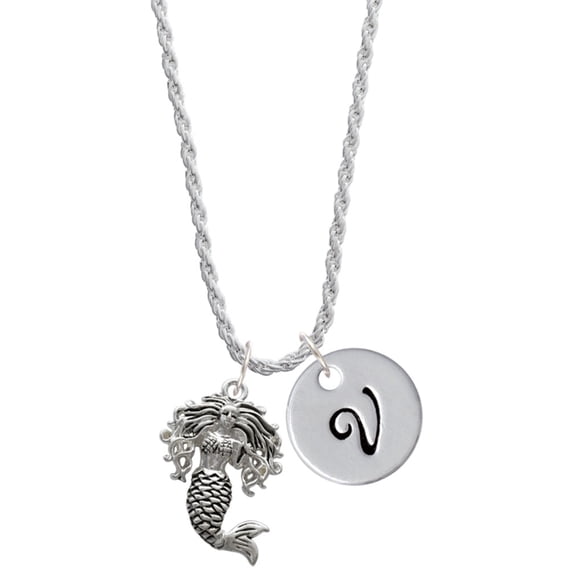 Delight Jewelry Silvertone Mermaid Silvertone Script Initial Disc - V - Charm Necklace, 20"+3"