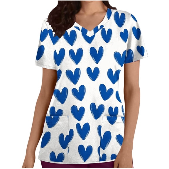 Lorytime Workout Shirts Women Mother's Day Crew Neck Scrub Tops Short Sleeve Shirt with Pockets Heart Casual Workwear