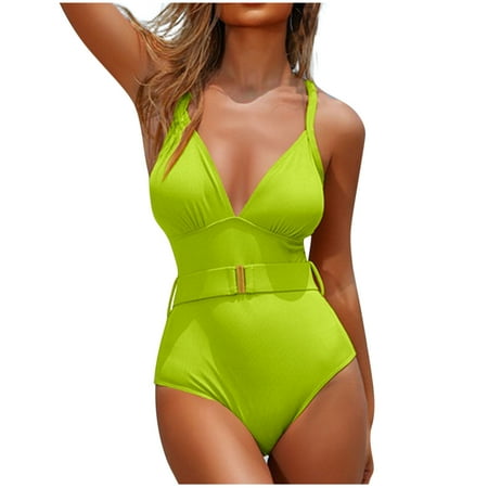 Virmaxy Women s Solid Color One-piece Swimsuit Without Steel Sexy Backless Strappy Tankini Camisole Waist Cinching Swimwear With Bra Padded for Pool Party Vacation Green-3 L