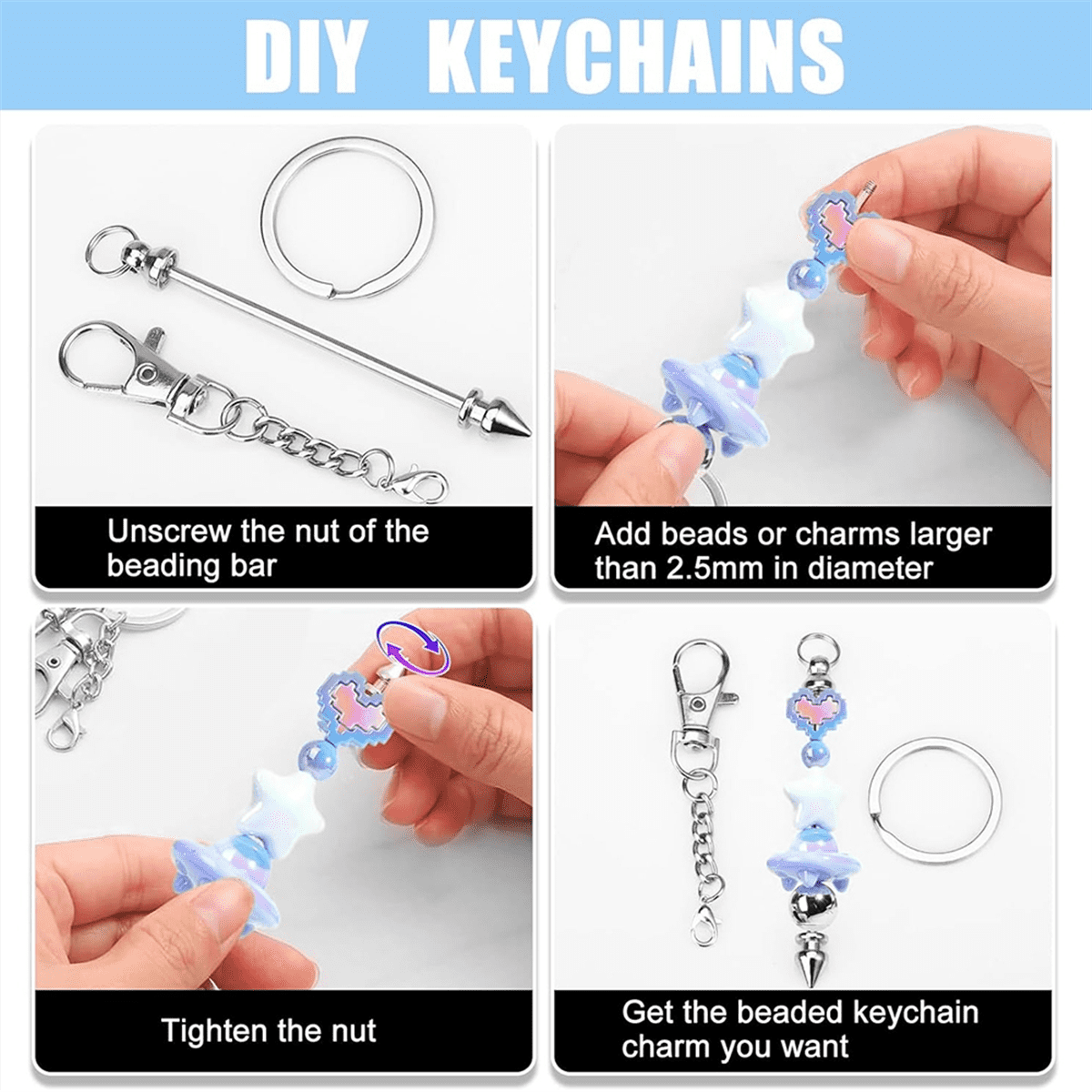 36Pcs Beadable Keychains Bars,Silver Beadable Keychain Bars Bulk Blank,Keychain Making Kit for DIY Crafts Women Men Gift