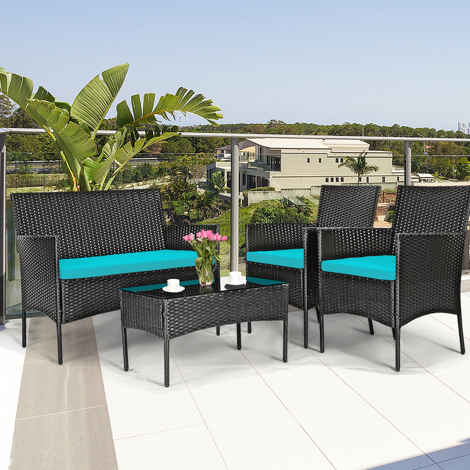 Gymax 4PCS Outdoor Furniture Set Patio Rattan Conversation Set w/ Turquoise Cushion